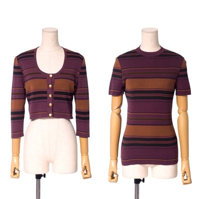 GUCCI グッチ アンサンブル サイズM ニット ショート丈 カーディガン 半袖 セーター トップス コットン ボーダー【おすすめ】 イタリア製 ブランド古着【中古】20241223/RA2113