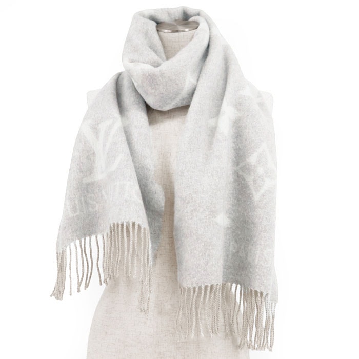 【美品】LOUIS VUITTON ルイ・ヴィトン マフラー エシャルプ・レイキャビック M71126 カシミヤ100% LV ロゴ モノグラム ダブルフェイス フリンジ 大判 スカーフ ストール 小物 ユニセックス オフホワイト アイボリー 英国製