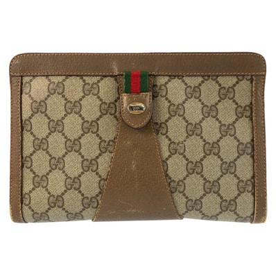 GUCCI グッチ ヴィンテージ シェリーライン ベージュ ブラウン GGスプリームキャンバス レザー/ クラッチバッグ セカンドバッグ 602734 【中古】