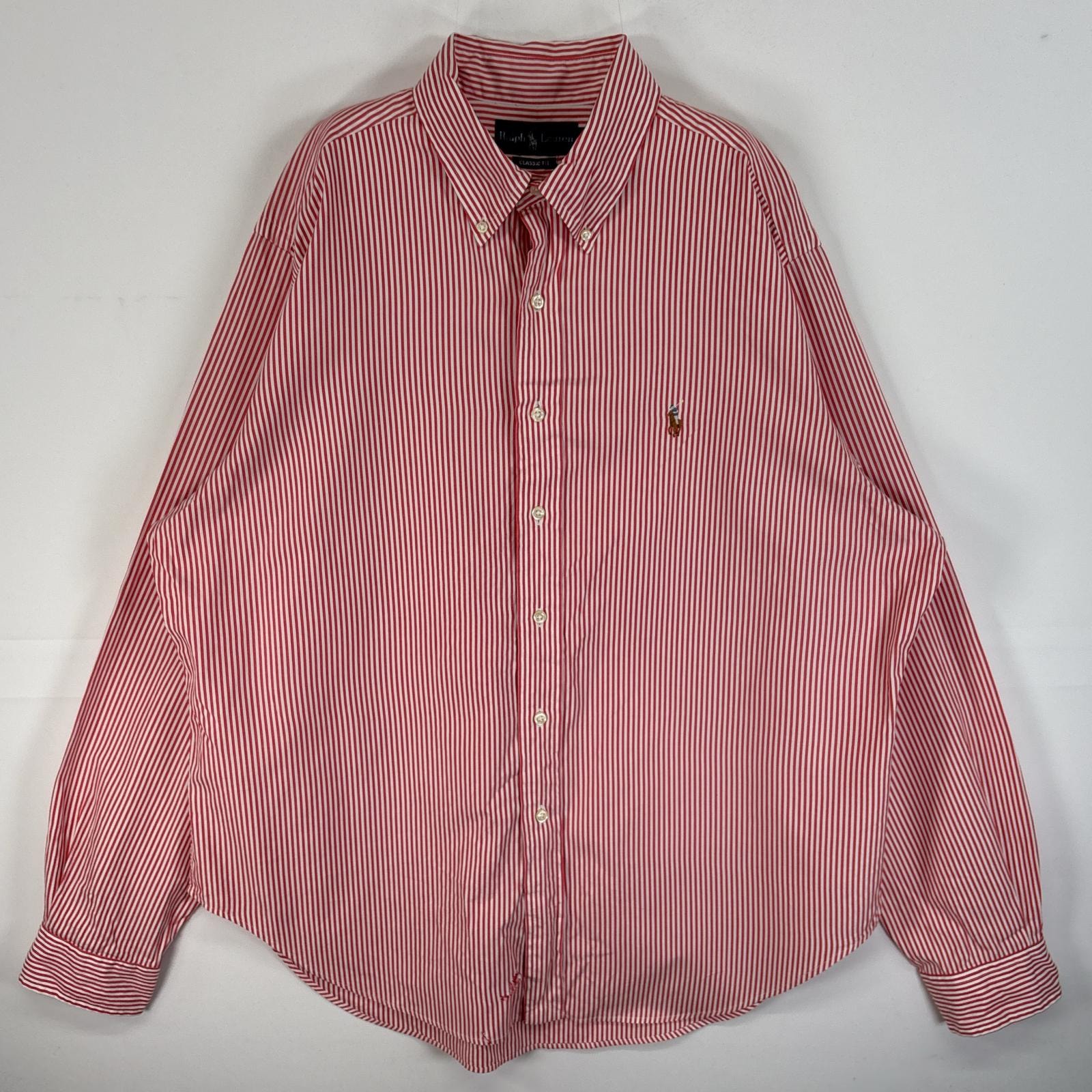 古着 ラルフローレン RALPH LAUREN 長袖シャツ ロゴ 刺繍 大きいサイズ ボタンダウン 17 XL  レッド系 ストライプ メンズ