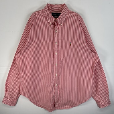 古着 ラルフローレン RALPH LAUREN 長袖シャツ ロゴ 刺繍 大きいサイズ ボタンダウン 17 XL レッド系 ストライプ メンズ