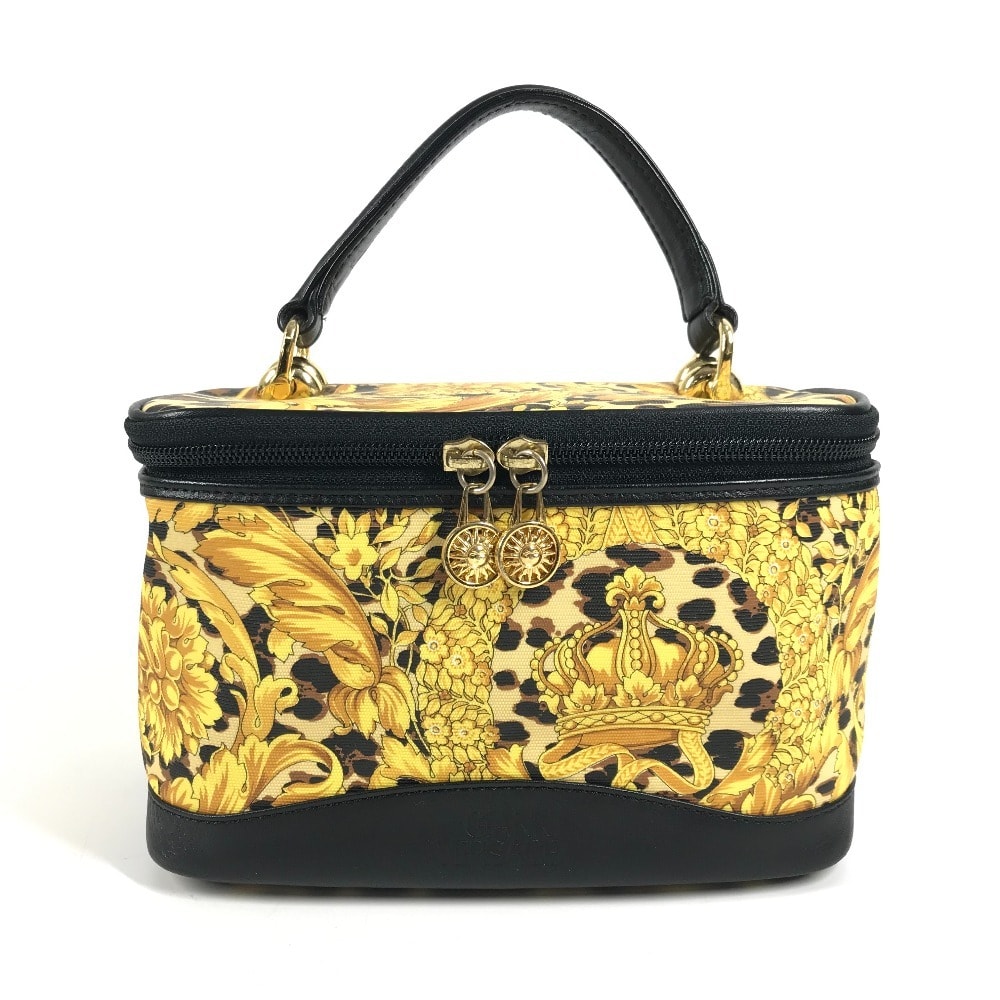 ヴェルサーチ VERSACE レオパード 豹柄 ヒョウ ヴィンテージ カバン バニティ型 ポーチ ミラー付き 鏡 ハンドバッグ PVC/レザー イエロー