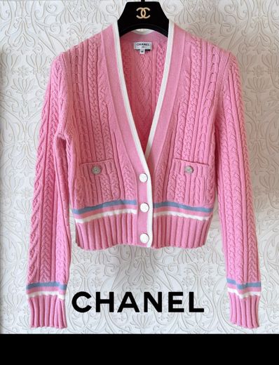 CHANEL 2023 カシミヤコットン カーディガン ロゴ ボーダー ピンク
