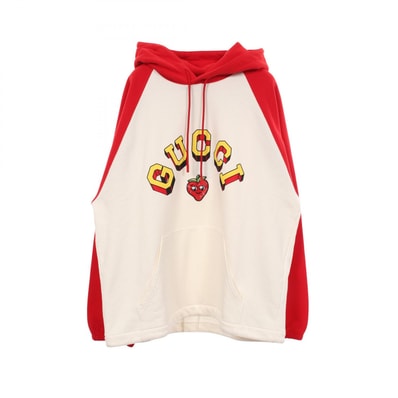 グッチ GUCCI ロゴプリント ストロベリー刺繍 パーカー 衣料品 トップス コットン レディース ホワイト系 / レッド系 773734 【中古】
