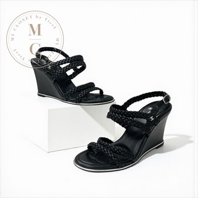 シャネル CHANEL サンダル 靴 シューズ レザー ブラック 黒 ストラップ ココマーク 編み込み ウェッジソール