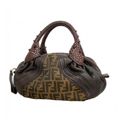 【6de5673】フェンディ ハンドバッグ ズッカ レザー ナイロンキャンバス ブラウン ゴールド金具【中古】レディース