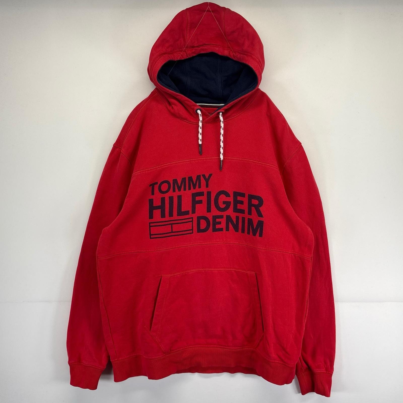古着 トミーヒルフィガー TOMMY HILFIGER パーカー プルオーバー  大きいサイズ ビッグロゴプリント フーディ XL  レッド メンズ