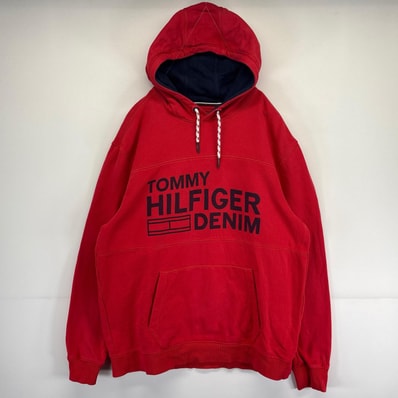 古着 トミーヒルフィガー TOMMY HILFIGER パーカー プルオーバー 大きいサイズ ビッグロゴプリント フーディ XL レッド メンズ