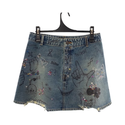 美品 BALENCIAGA バレンシアガ グラフィック プリント ラインストーン サイズ36 ブルー マルチカラー シルバー金具 デニム ミニスカート 503758 【中古】