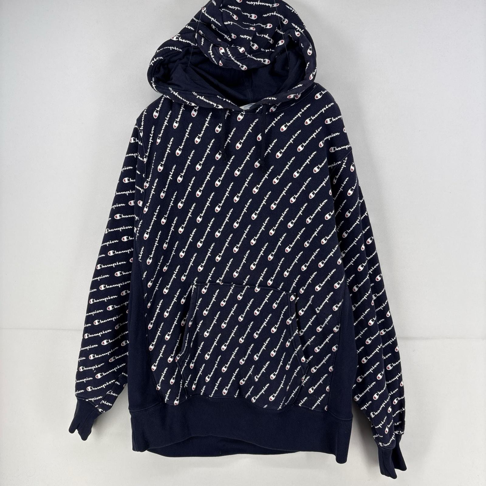 古着 チャンピオン Champion パーカー ロゴ プリント リバースウィーブ 総柄 スウェット L  ネイビー 総柄 メンズ