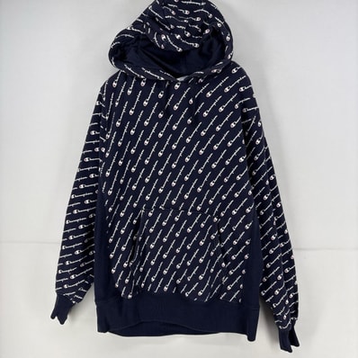 古着 チャンピオン Champion パーカー ロゴ プリント リバースウィーブ 総柄 スウェット L ネイビー 総柄 メンズ