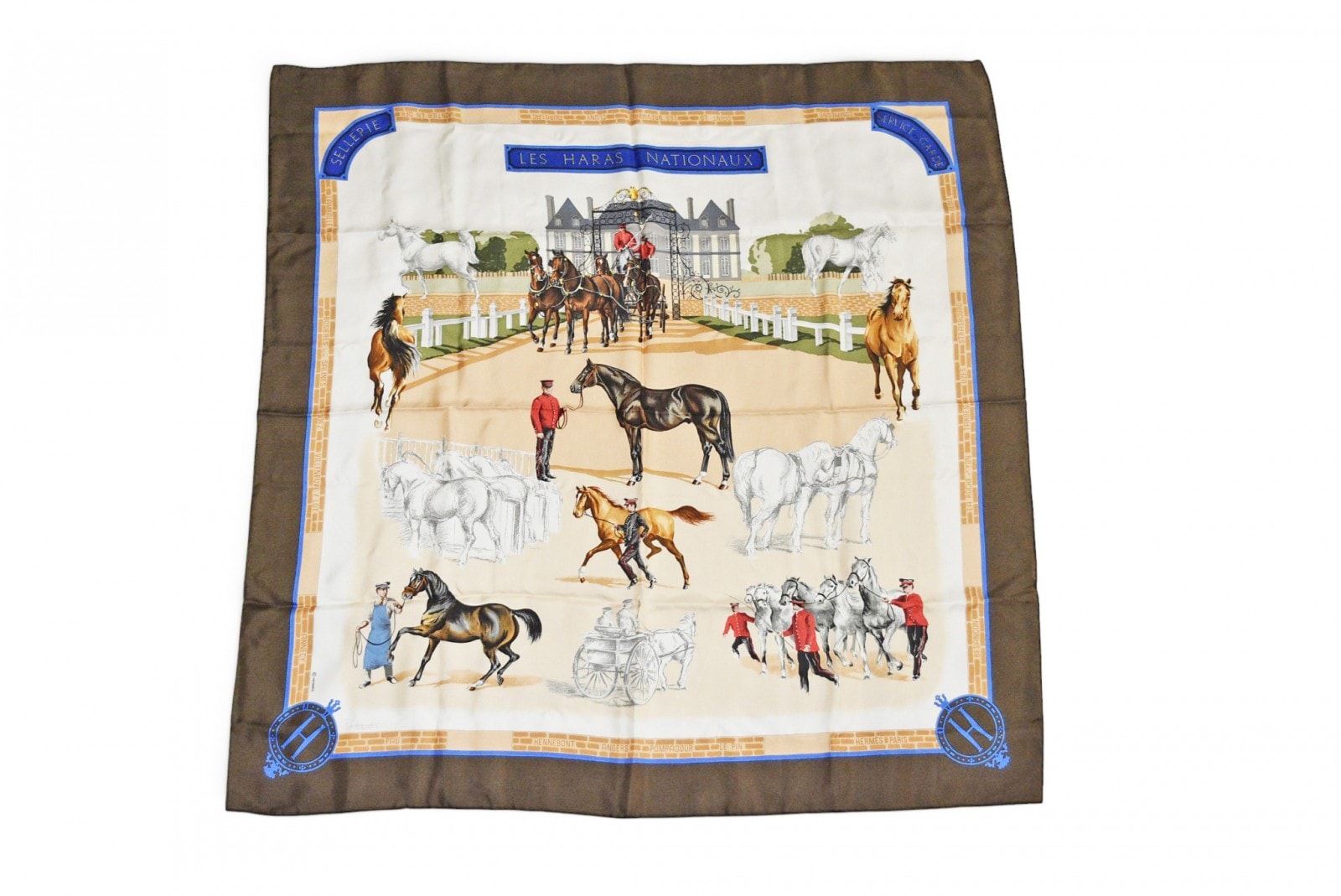 エルメス カレ90 スカーフ Les Haras Nationaux /国立種馬飼育場 ヴィンテージ 馬車 スカーフ ブラウン/ベージュ レディース【中古】