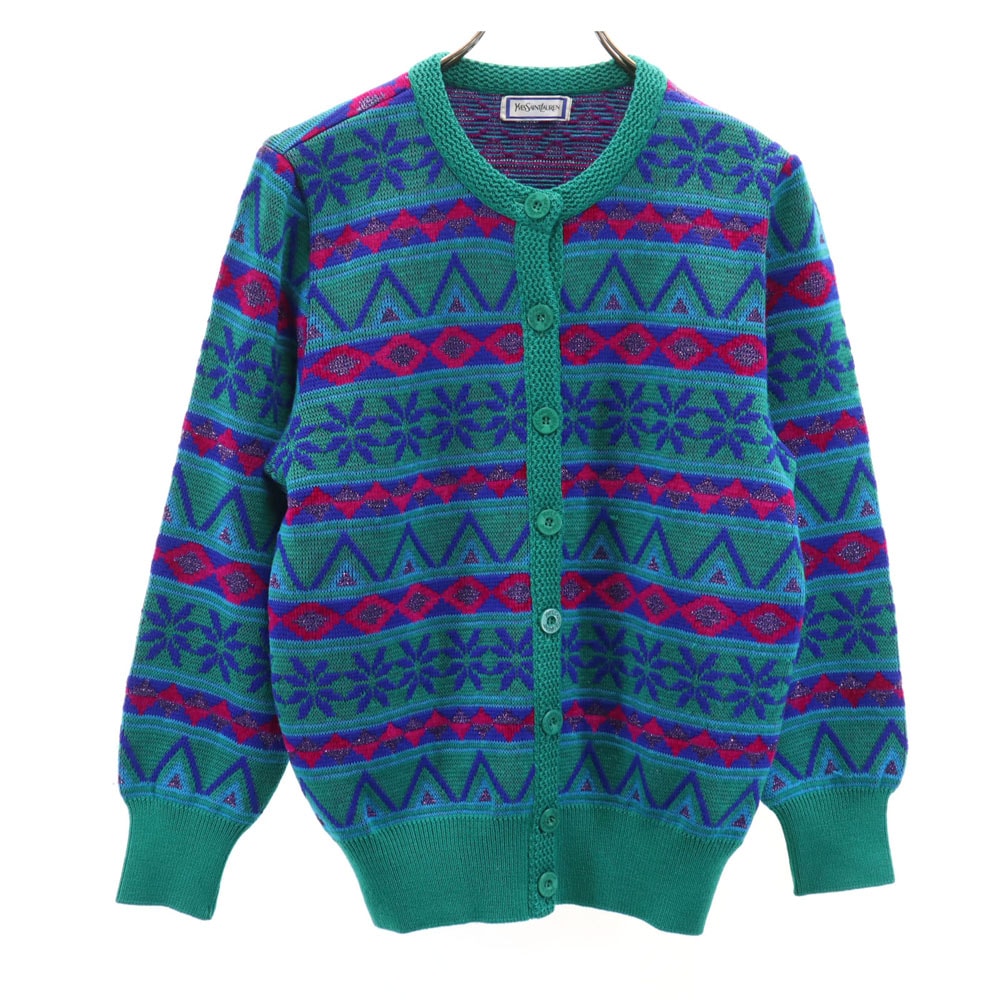 YVES SAINT LAURENT イヴサンローラン 90s オールド ノルディック柄 長袖 ニットカーディガン M グリーン系