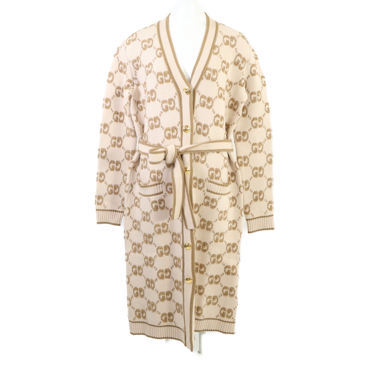 グッチ 【新品同様/国内正規】770060 GGウール ブークレ ジャガード 金釦ロングカーディガン M