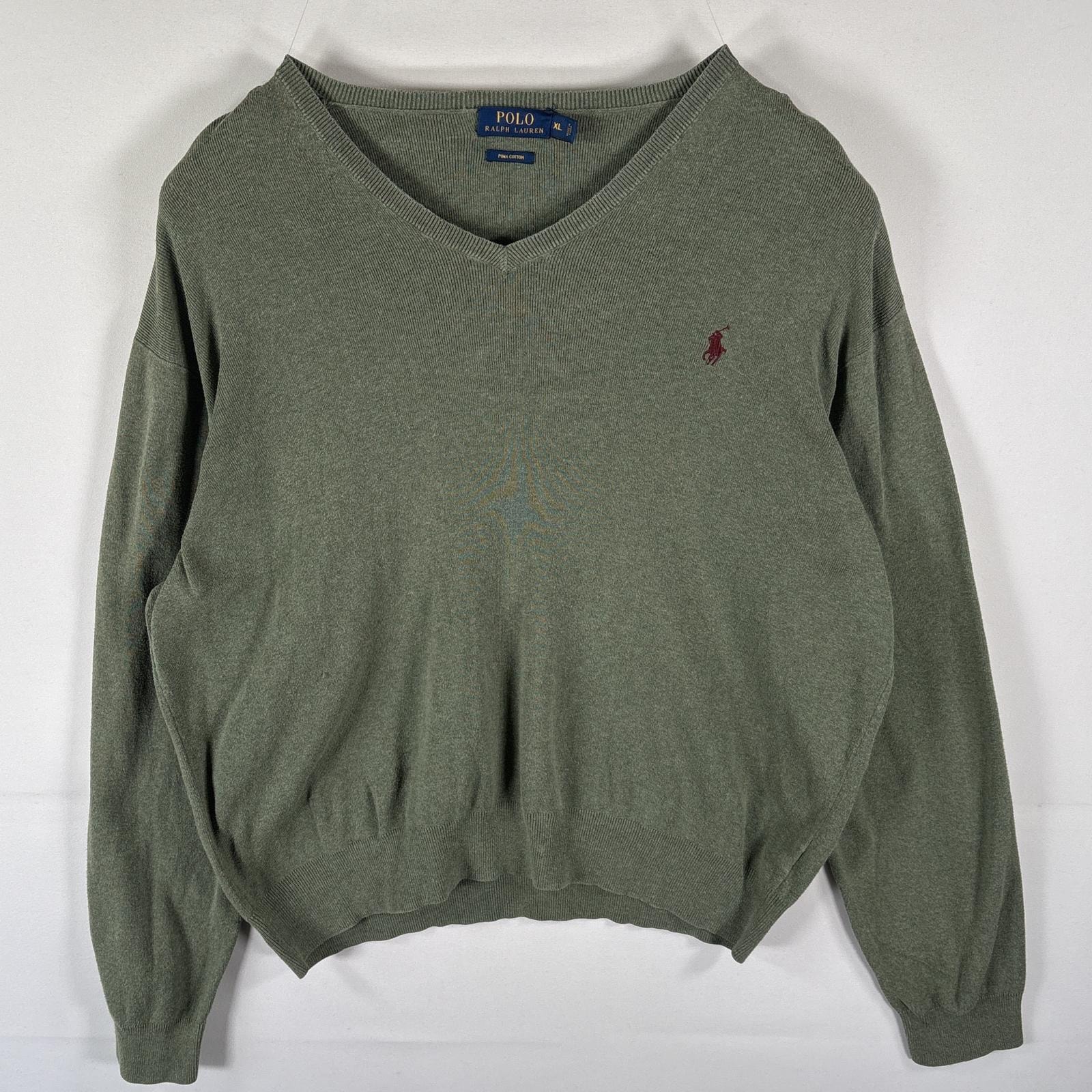 古着 ポロ・ラルフローレン POLO RALPH LAUREN コットンニットセーター Vネック ワンポイント 薄手 大きいサイズ XL  グリーン系 メンズ