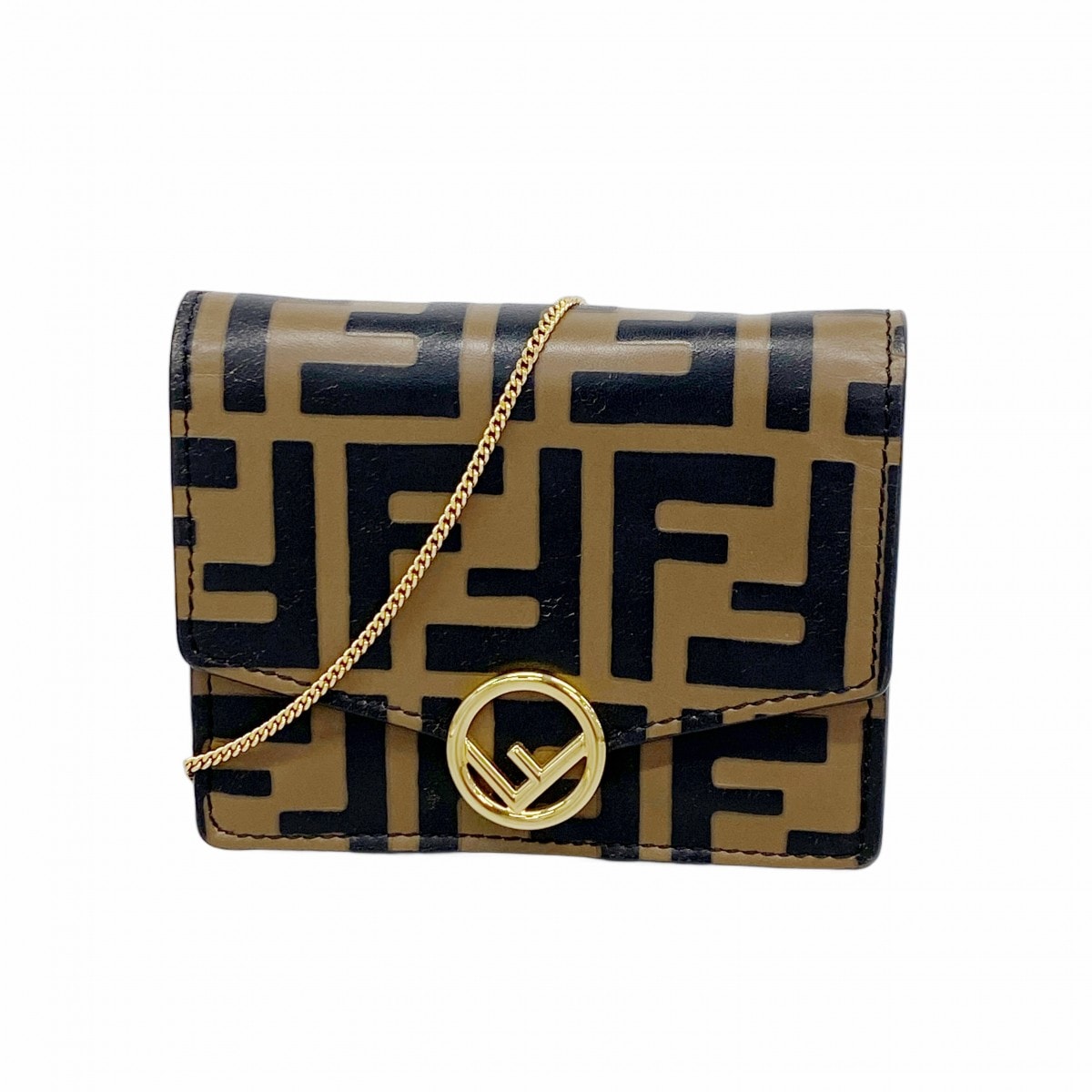 【6dc3021】フェンディ ショルダーウォレット レザー ブラウン ブラック ゴールド金具【中古】レディース