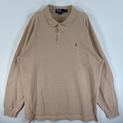 古着 90's/90年代 ポロバイラルフローレン Polo by Ralph Lauren 鹿の子 長袖 ポロシャツ ワンポイント ロゴ 刺繍 混色生地 2ボタン XL ベージュ 無地 メンズ