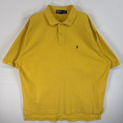 古着 90's/90年代 ポロバイラルフローレン Polo by Ralph Lauren 鹿の子 半袖 ポロシャツ ロゴ 刺繍 2ボタン 大きいサイズ XL イエロー 無地 メンズ