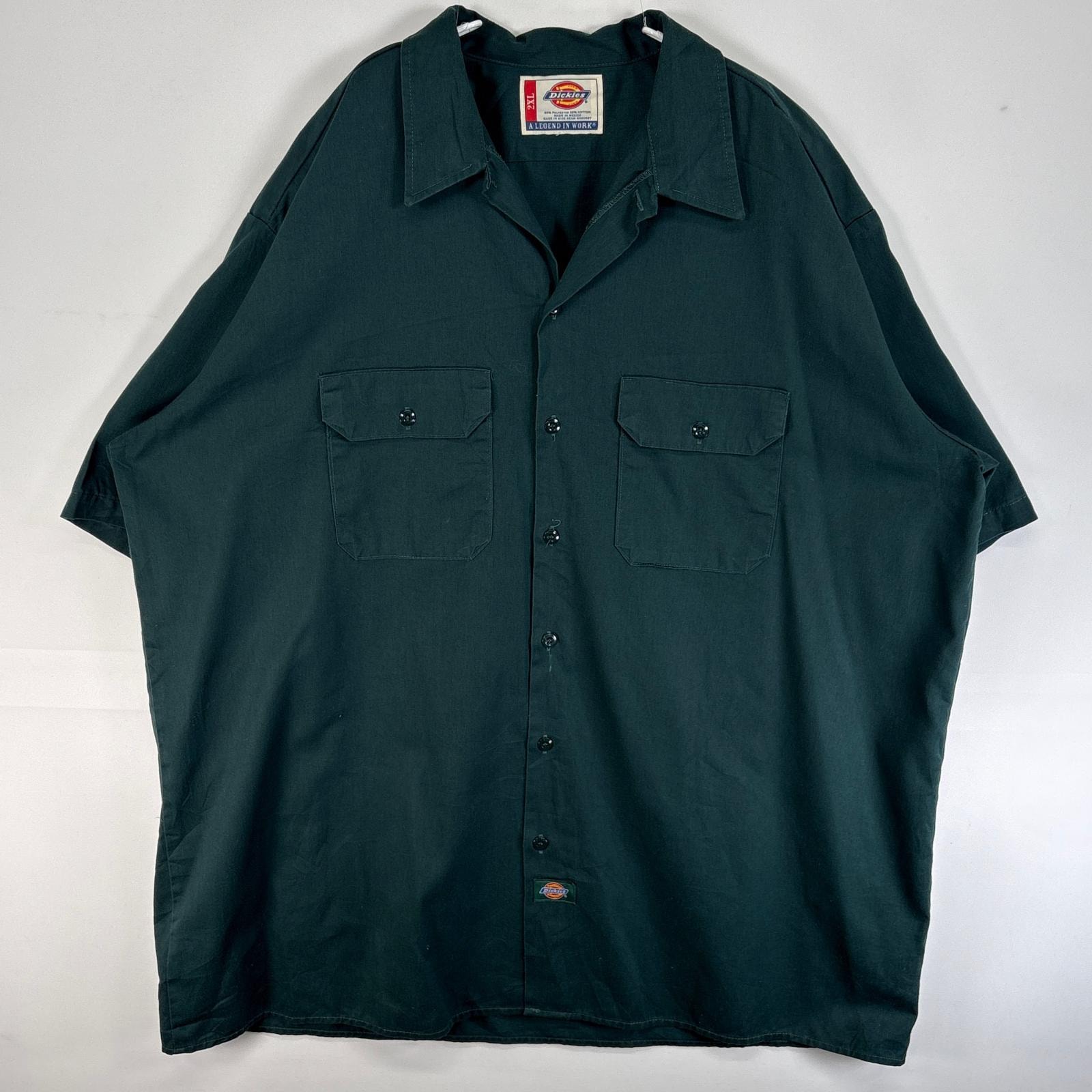 古着 ディッキーズ Dickies 半袖シャツ ワーク フラップポケ 作業着 ワンポイント ロゴ 大きいサイズ 2XL グリーン系 無地 メンズ