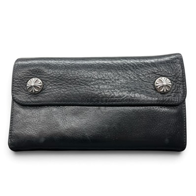 CHROME HEARTS クロムハーツ WAVE WALLET ウェーブ ウォレット クロスボタン インボイス付属 ブラック ヘビーレザー 長財布 ロングウォレット ブラック ダガー クロム Bランク 中古 鑑定済 クロム財布