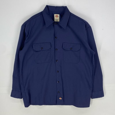 古着 ディッキーズ Dickies 長袖シャツ 胸ポケット ロングスリーブ ワークシャツ L ネイビー系 無地 メンズ