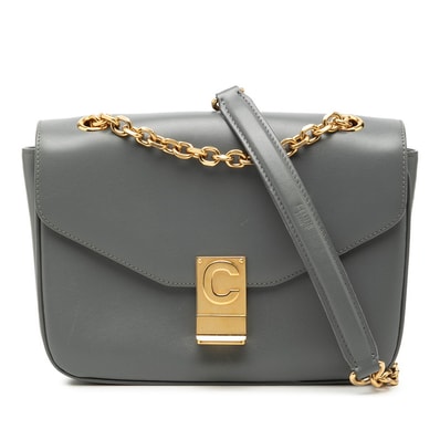 セリーヌ C セー ミディアム チェーン ショルダーバッグ グレー系 レザー レディース CELINE 【中古】