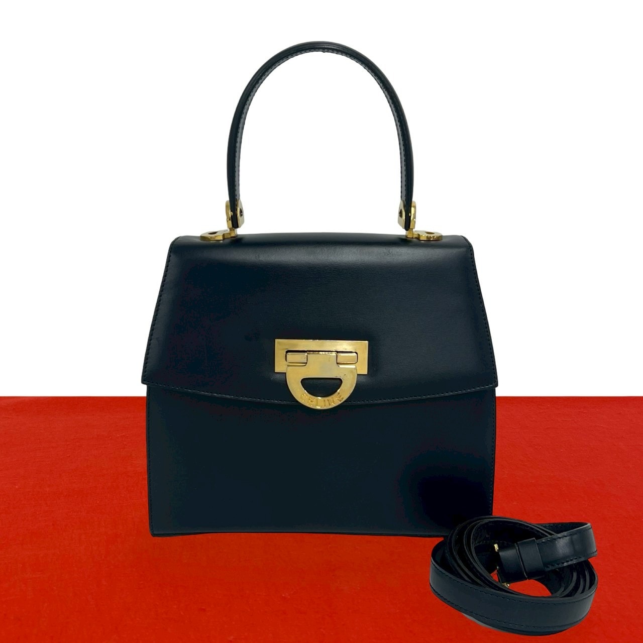 CELINE セリーヌ ロゴ 金具 カーフ ショルダーバッグ ネイビー
 118-1