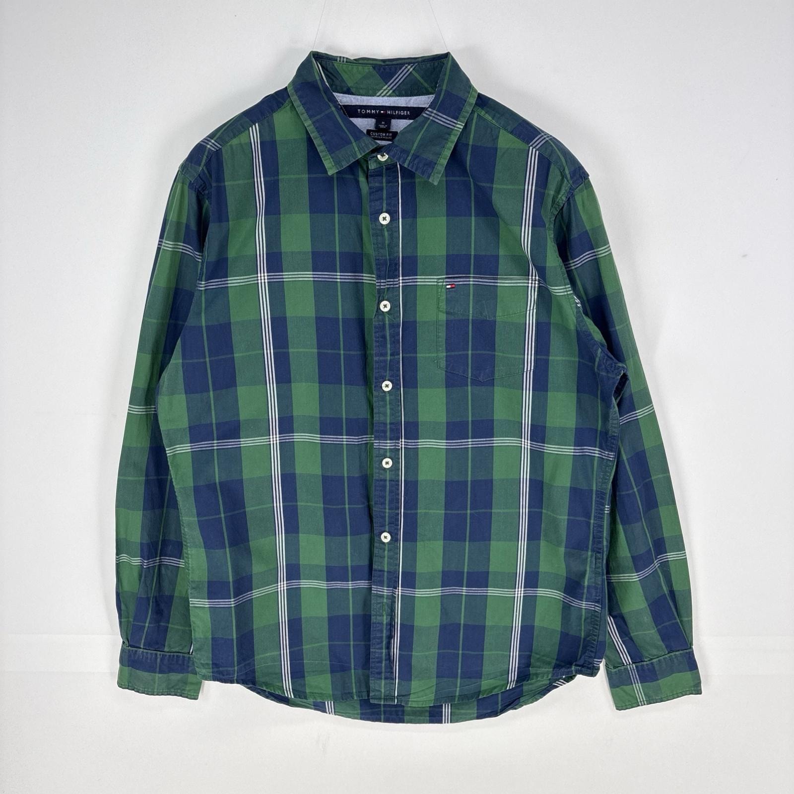 古着 トミーヒルフィガー TOMMY HILFIGER 長袖シャツ ワンポイントロゴ 胸ポケット ロングスリーブ M  グリーン系 チェック メンズ