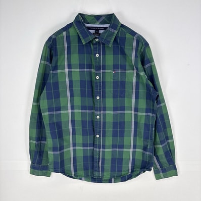 古着 トミーヒルフィガー TOMMY HILFIGER 長袖シャツ ワンポイントロゴ 胸ポケット ロングスリーブ M グリーン系 チェック メンズ