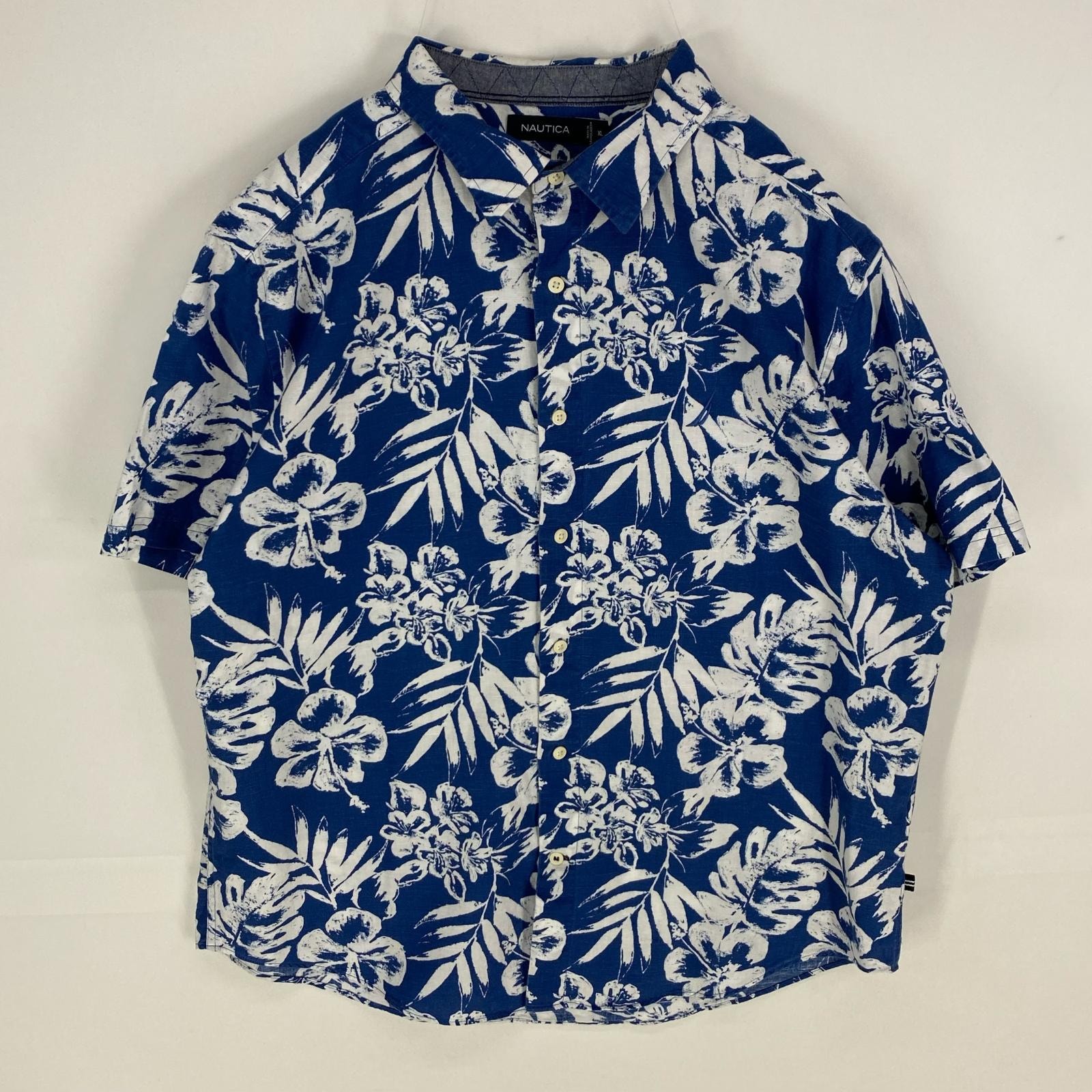 古着 ノーティカ NAUTICA 半袖シャツ ハワイアン ボタニカル ショートスリーブ XL ブルー系 総柄 メンズ