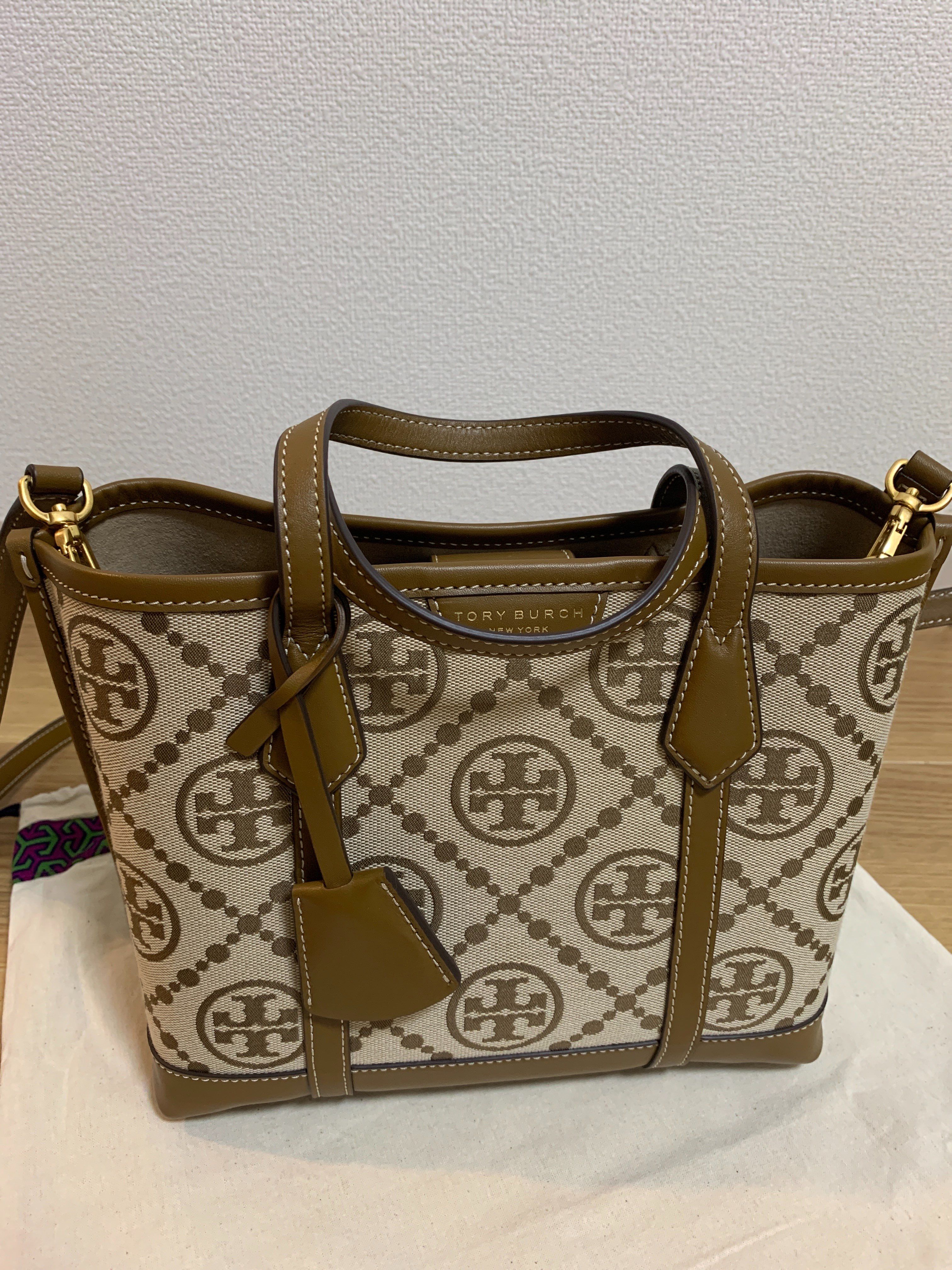 Tory Burch Perry T Monogram Small Triple-Compartment Tote "Navy"