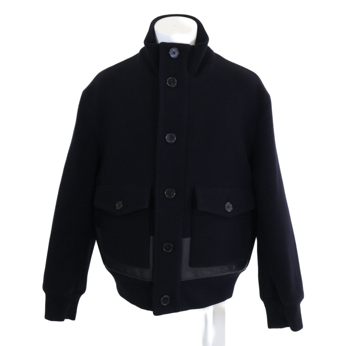 エルメス ウール カーフスキンディティール スタンドカラー レザーコンビブルゾン/ジャケット 58