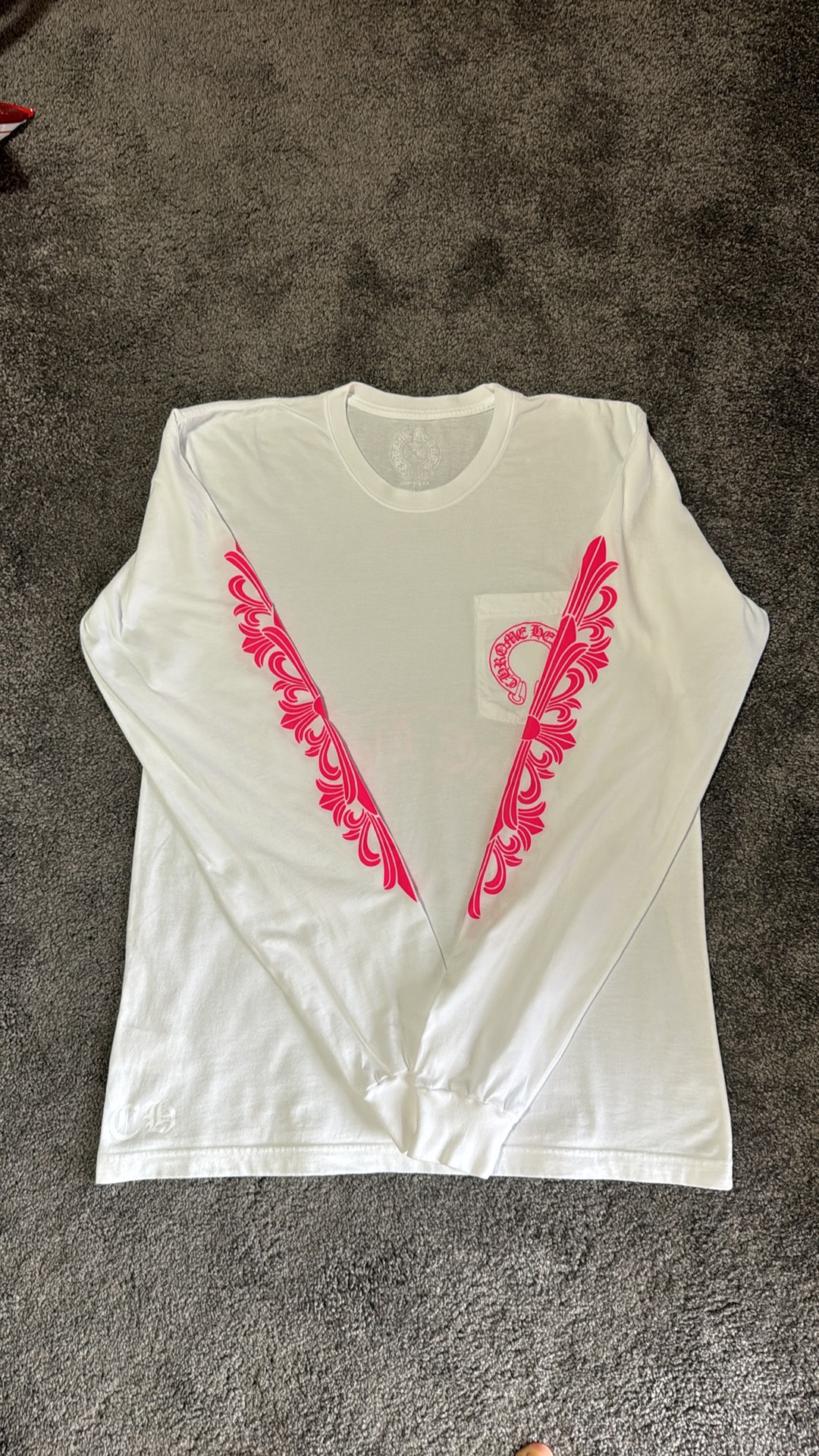 CHROME HEARTS ホースシュー フローラルクロス Tシャツ Lサイズ クロムハーツ ホースシュー フローラルクロス ピンクロゴ L/S ポケット