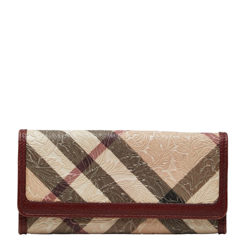バーバリー ノバチェック 長財布 ベージュ ワインレッド PVC レザー レディース BURBERRY 【中古】