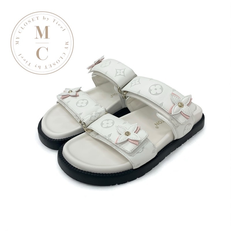 ルイヴィトン LOUIS VUITTON サンセットライン モノグラム サンダル 靴 シューズ レザー ホワイト ピンク 白 コンフォート ミュール フラット ベルクロ ストラップ