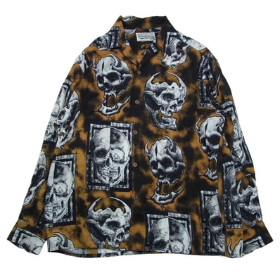 WACKO MARIA ワコマリア 長袖シャツ 21AW 56TS-WM-HI04 × 56 TATTOO STUDIO タトゥースタジオ HAWAIIAN SHIRT L/S ハワイアン 長袖 シャツ アロハシャツ ブラック系 M【中古】