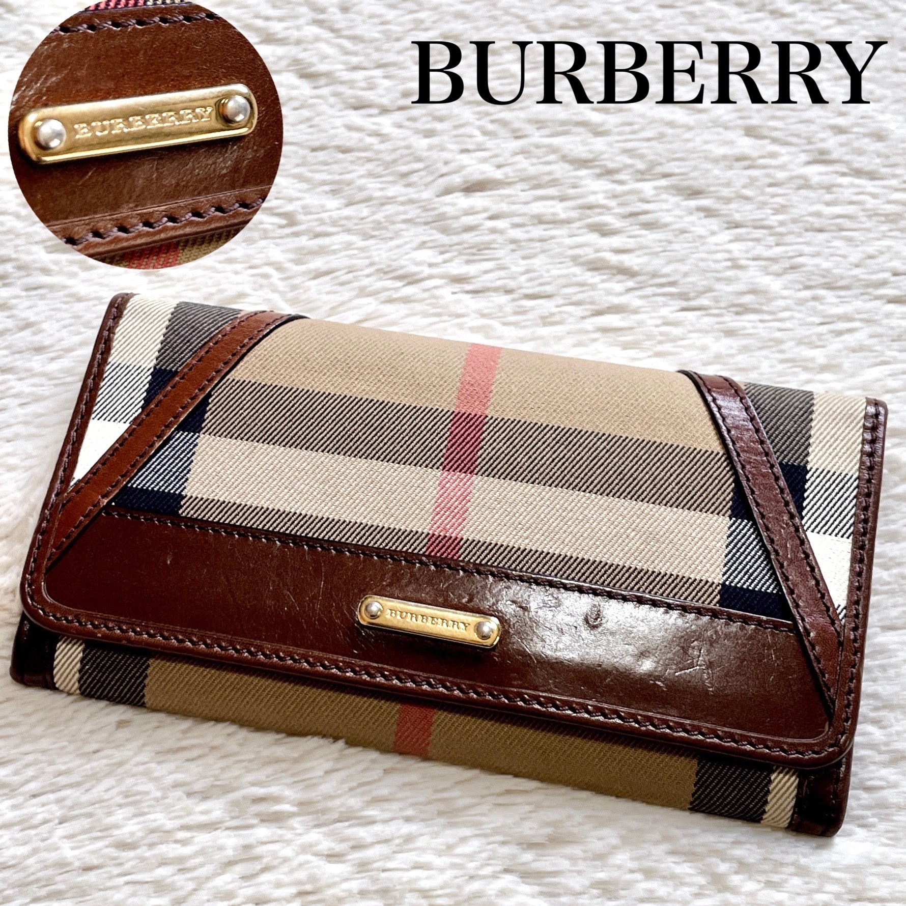 BURBERRY バーバリー 現行モデル チェック レザー 長財布 金ロゴ