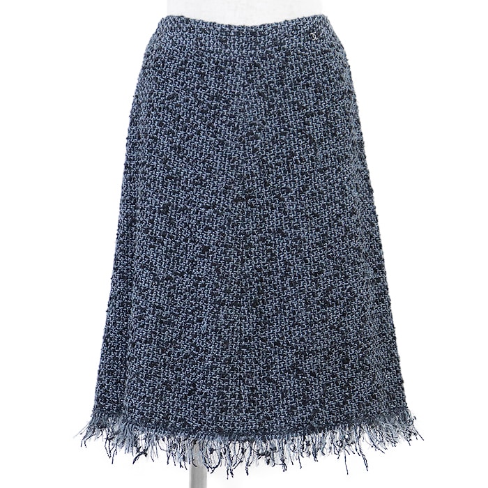 SALE【美品】CHANEL シャネル ヴィンテージ スカート レディース サイズ 36 06A P28903 ツイード × メタリックヤーン グリッター ラインストーン COCOマークチャーム フリンジボトム Aライン ボトムス 黒 灰色 青 仏製