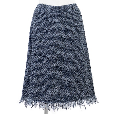 SALE【美品】CHANEL シャネル ヴィンテージ スカート レディース サイズ 36 06A P28903 ツイード × メタリックヤーン グリッター ラインストーン COCOマークチャーム フリンジボトム Aライン ボトムス 黒 灰色 青 仏製