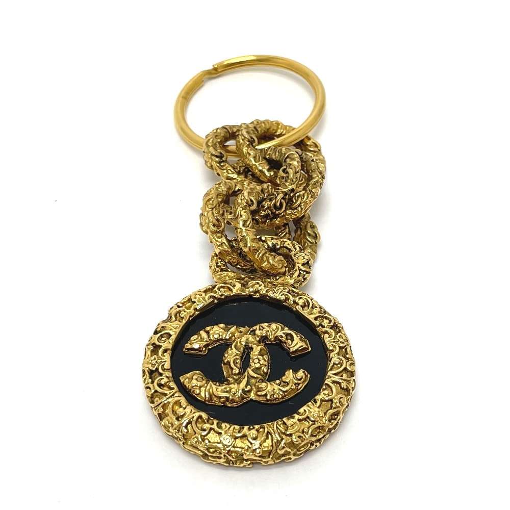 シャネル CHANEL ヴィンテージ 溶岩 キーホルダー ココ ココマーク ロゴ チャーム 03A キーリング 真鍮 ゴールド×ブラック