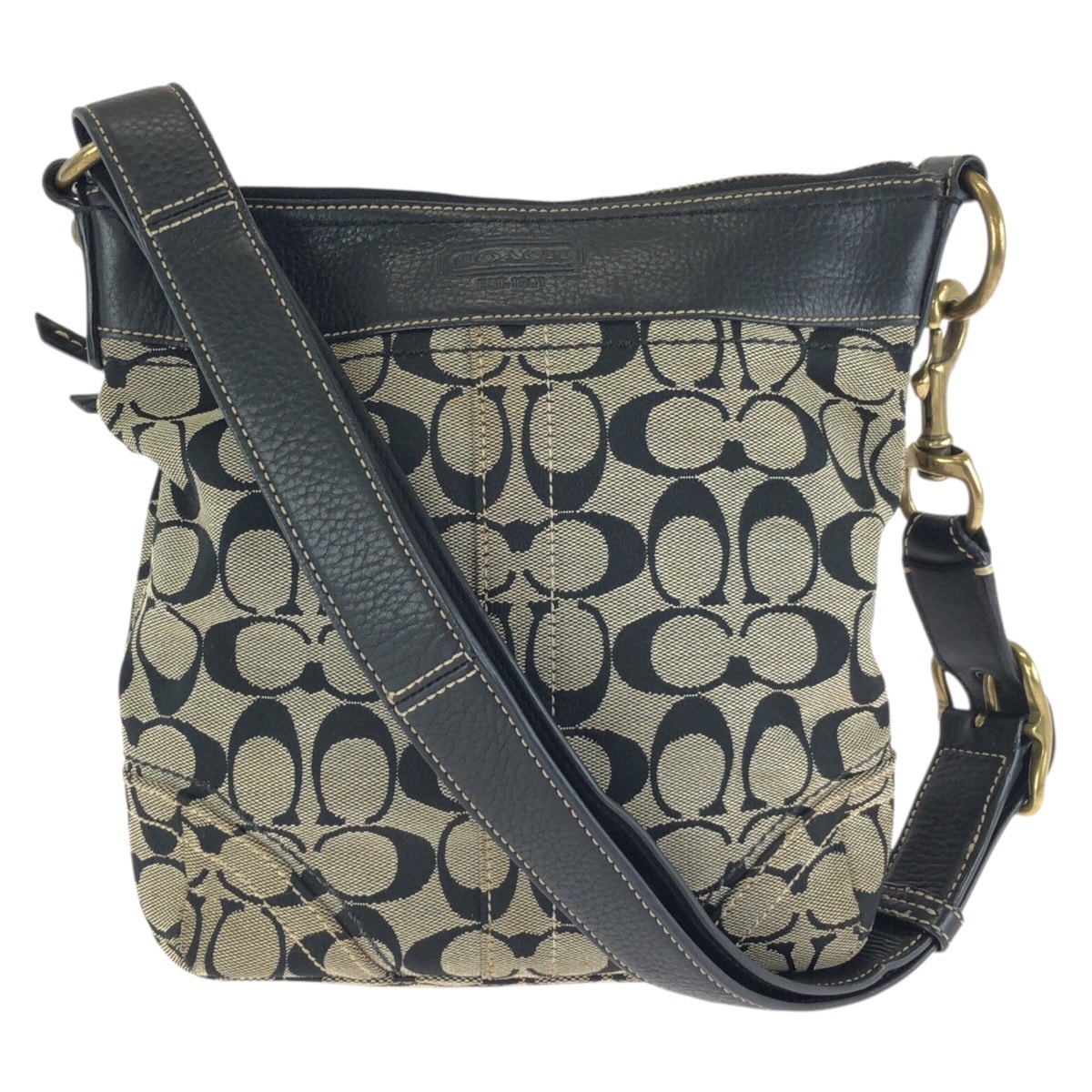 美品 COACH コーチ シグネチャー ミディアムダッフル ブラック ベージュ ゴールド金具 キャンバス レザー/ ショルダーバッグ メッセンジャーバッグ 602868 【中古】