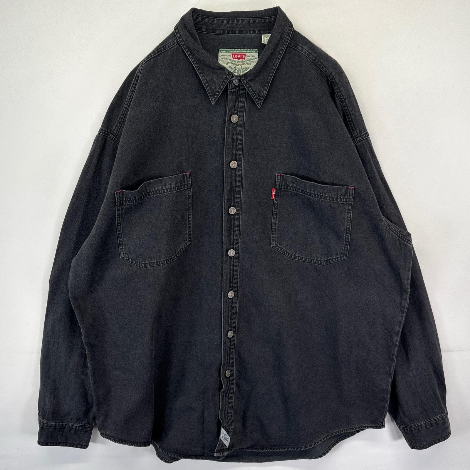古着 リーバイス Levi's 長袖シャツ デニムシャツ ピスタグ 胸ポケット 大きいサイズ 金具ボタン 2XL  ブラック メンズ