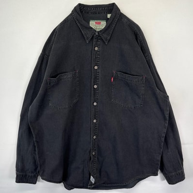 古着 リーバイス Levi's 長袖シャツ デニムシャツ ピスタグ 胸ポケット 大きいサイズ 金具ボタン 2XL ブラック メンズ