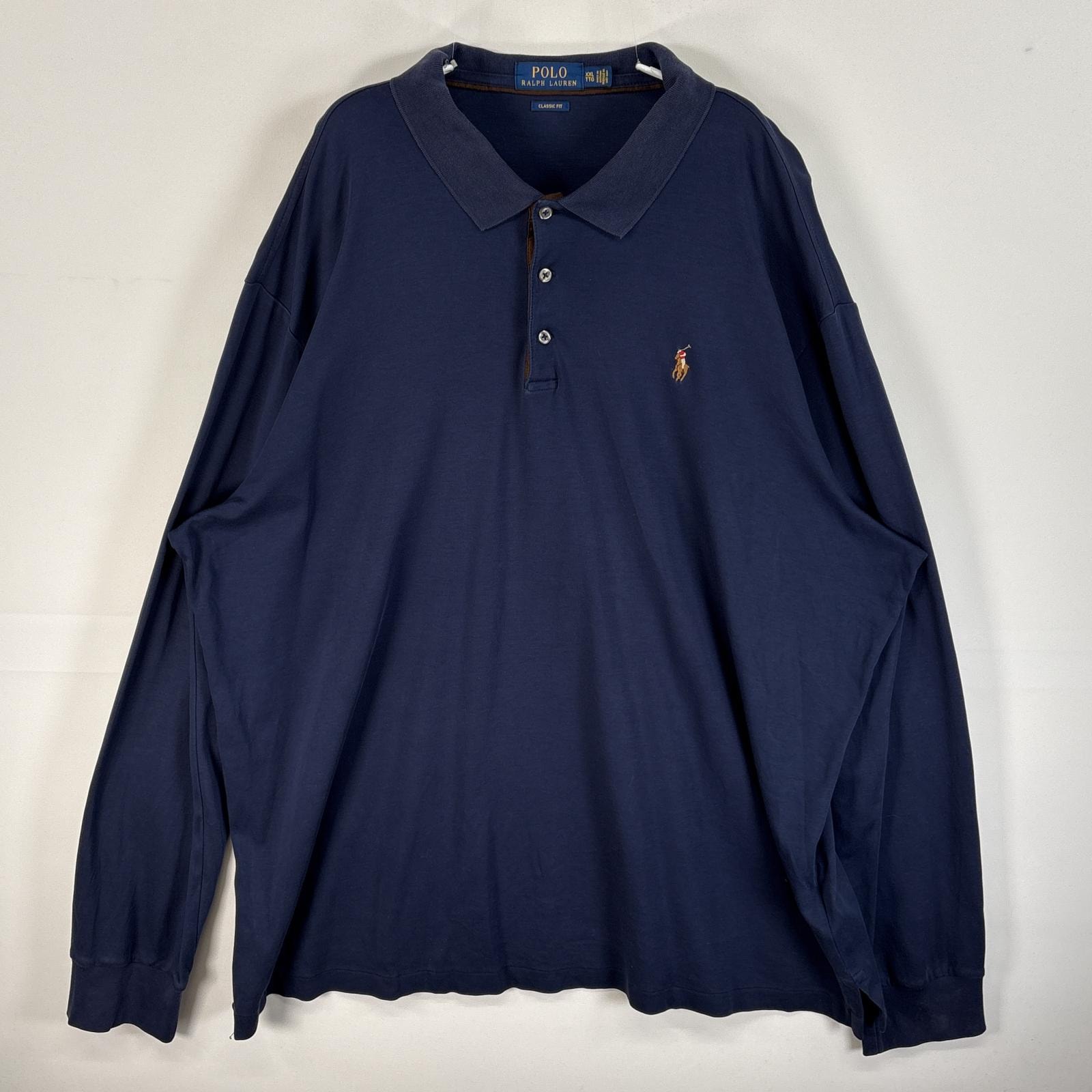 古着 ポロ・ラルフローレン POLO RALPH LAUREN 長袖 ポロシャツ ロゴ 刺繍 大きいサイズ 3ボタン 14041  ネイビー 無地 メンズ