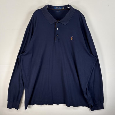 古着 ポロ・ラルフローレン POLO RALPH LAUREN 長袖 ポロシャツ ロゴ 刺繍 大きいサイズ 3ボタン 14041 ネイビー 無地 メンズ