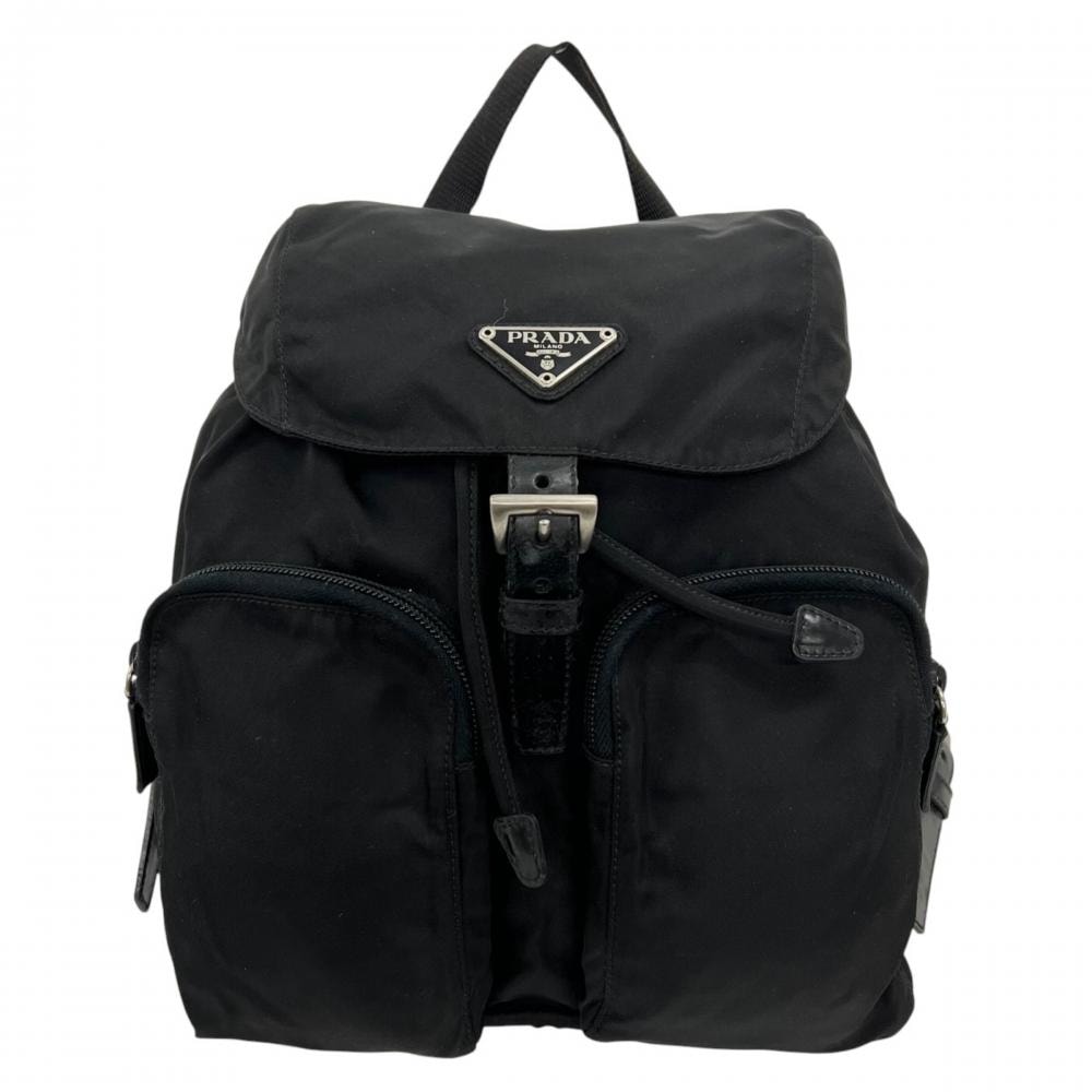 PRADA プラダ リュック テスート 三角ロゴプレート ナイロン  レザー   ブラック 黒 シルバー金具 レディース【中古品】