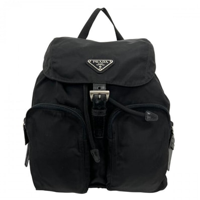 PRADA プラダ リュック テスート 三角ロゴプレート ナイロン レザー ブラック 黒 シルバー金具 レディース【中古品】