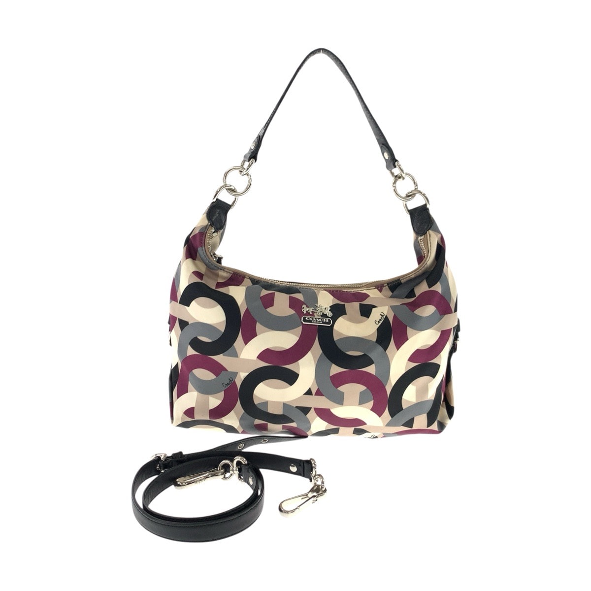 COACH コーチ オプアート ベージュ ブラック グレー ナイロン レザー/ ショルダーバッグ ポシェット 602663 【中古】
