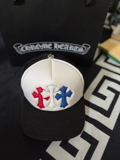 Chrome Hearts 3 Cross Patches Trucker Cap "Black/White/Red/Blue"