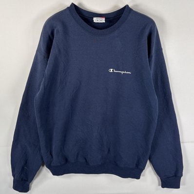 古着 チャンピオン Champion スウェット ワンポイントロゴ クルーネック ワッペンロゴ トレーナー M ネイビー メンズ